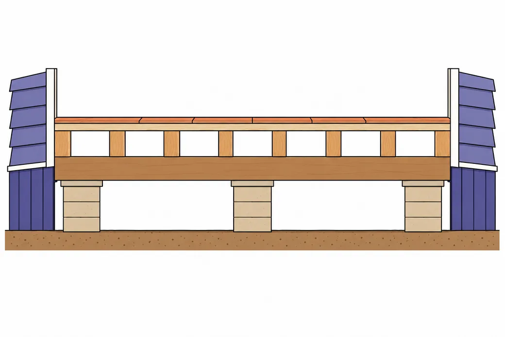 Drawing of a raised wood floor: three masonry piers on level ground hold up a timber beam, floor joists sit on the beam, and open air fills the space below