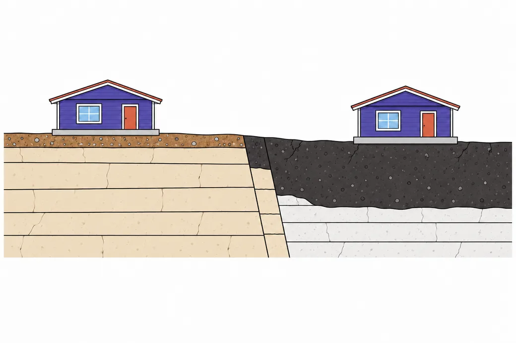 Cross-section with a house on thin stony soil over layered limestone on the left, two sloping faults in the middle, and a house on thick black soil over pale rock on the right