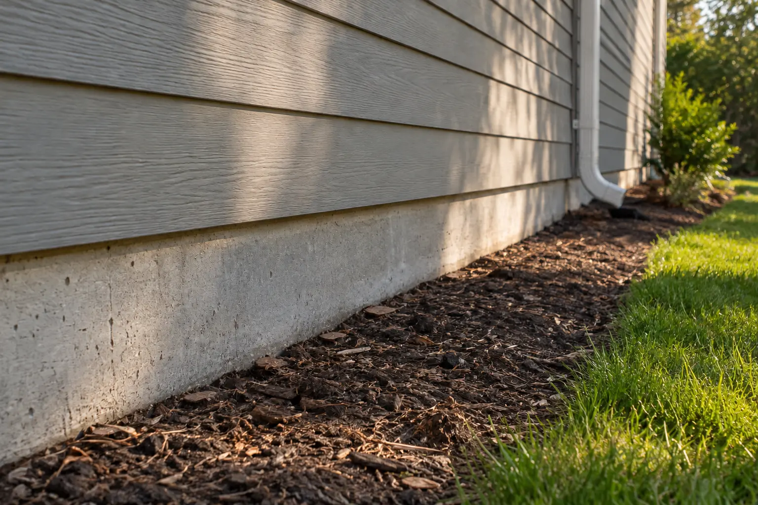 Exposed concrete slab edge under gray lap siding, with a mulch bed and lawn alongside