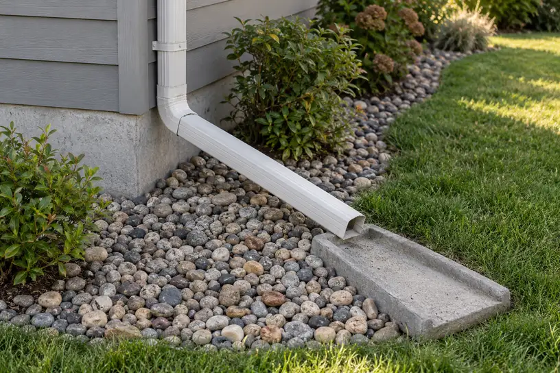 White downspout extension running away from a house corner to a concrete splash block in a river-rock bed