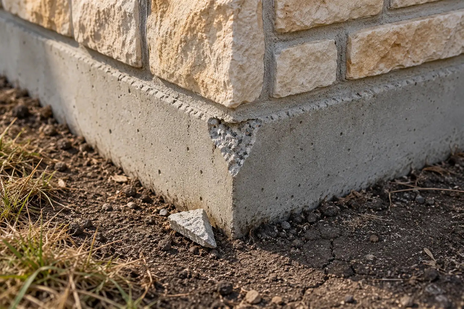 Small broken corner of a concrete slab under a cut-limestone wall, with the broken piece lying on dry, cracked soil